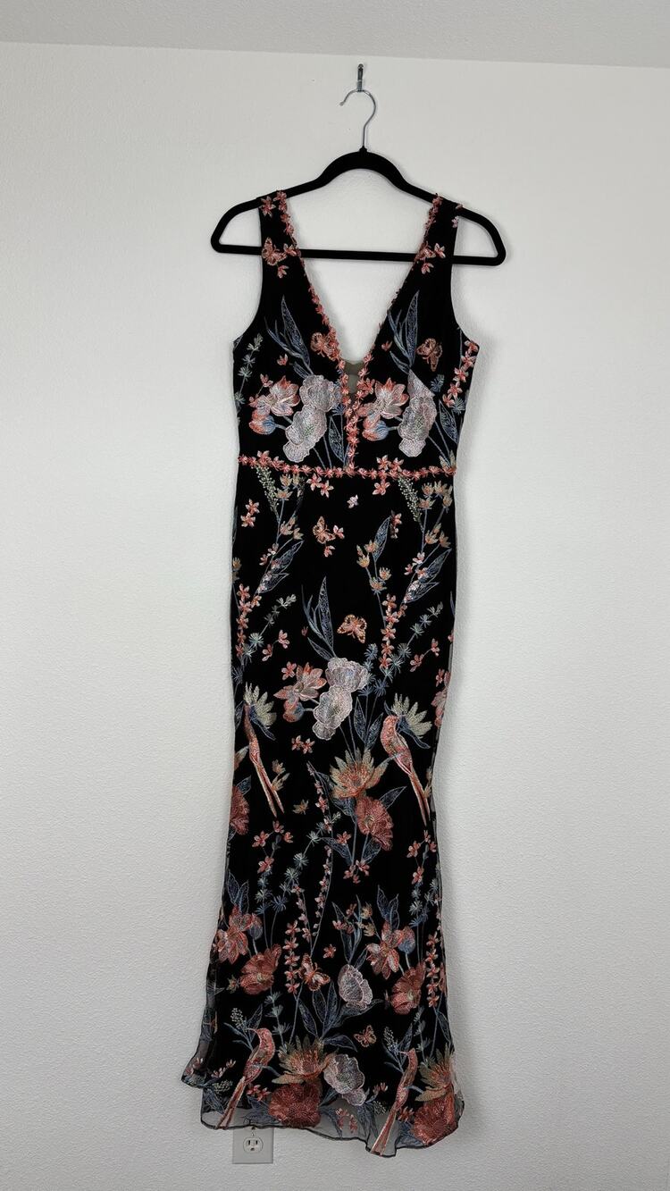 Marchesa Notte Butterfly Embroidered Gown 4 Black Floral Open Back $510